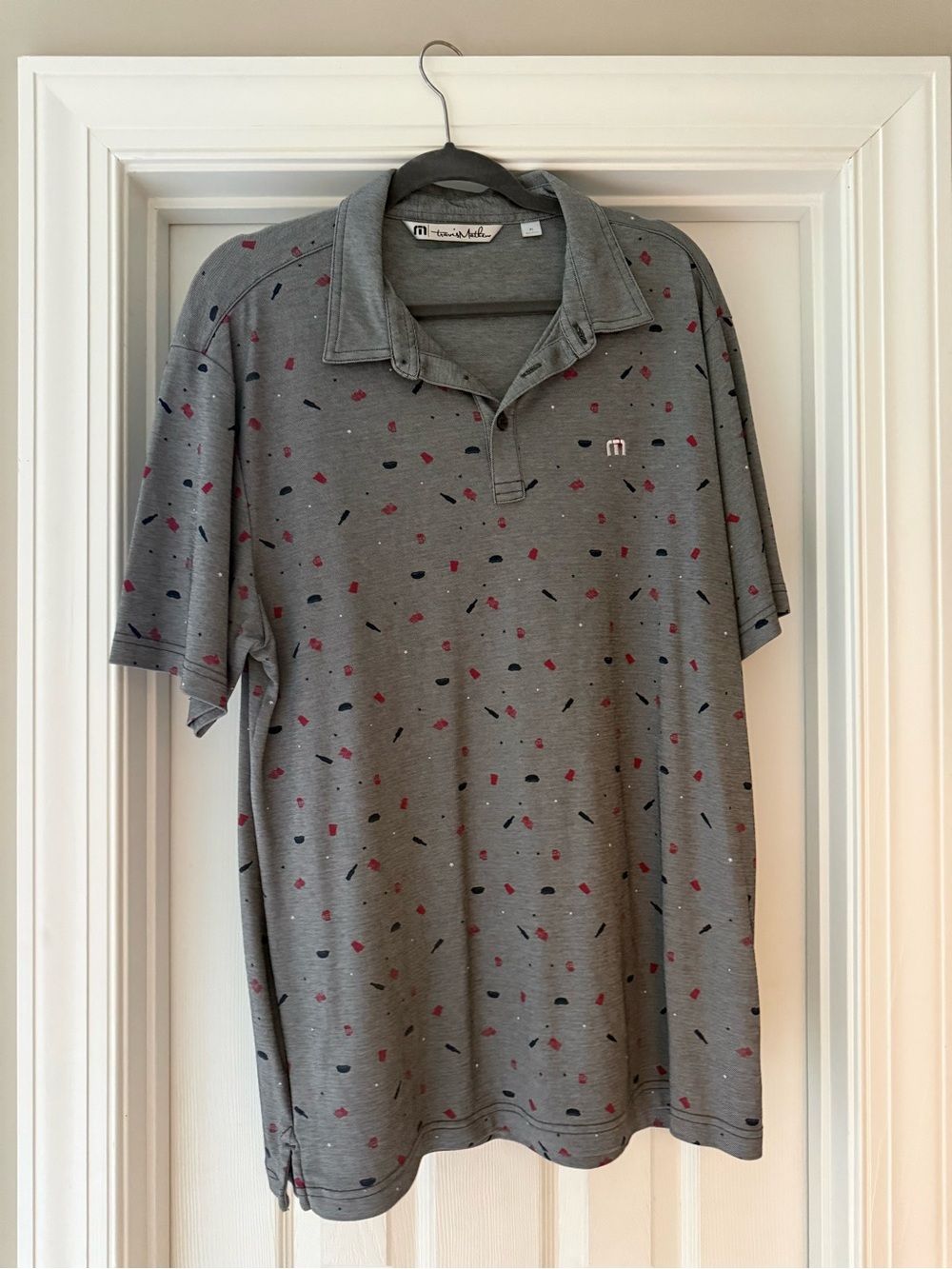 Travis Mathew Gray Polo with Red & Navy Confetti Print